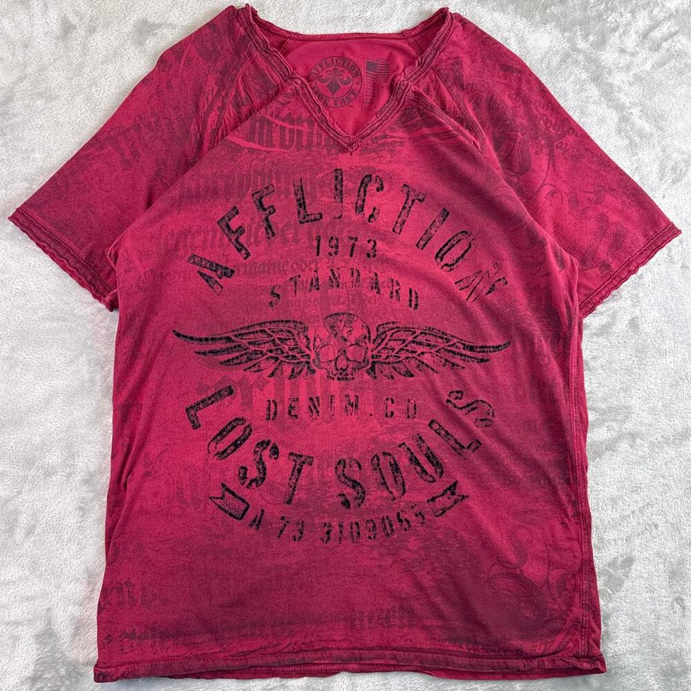 Y2K Affliction Lost Souls Red Graphic T Shirt Skull Wings Distressed MMA